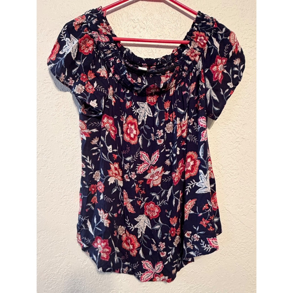 Old Navy Womens Navy Blue Red Floral Smocked Off The Shoulder Top Large 581315